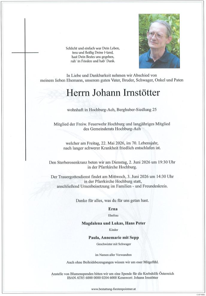 Trauerparte Johann Irnstötter